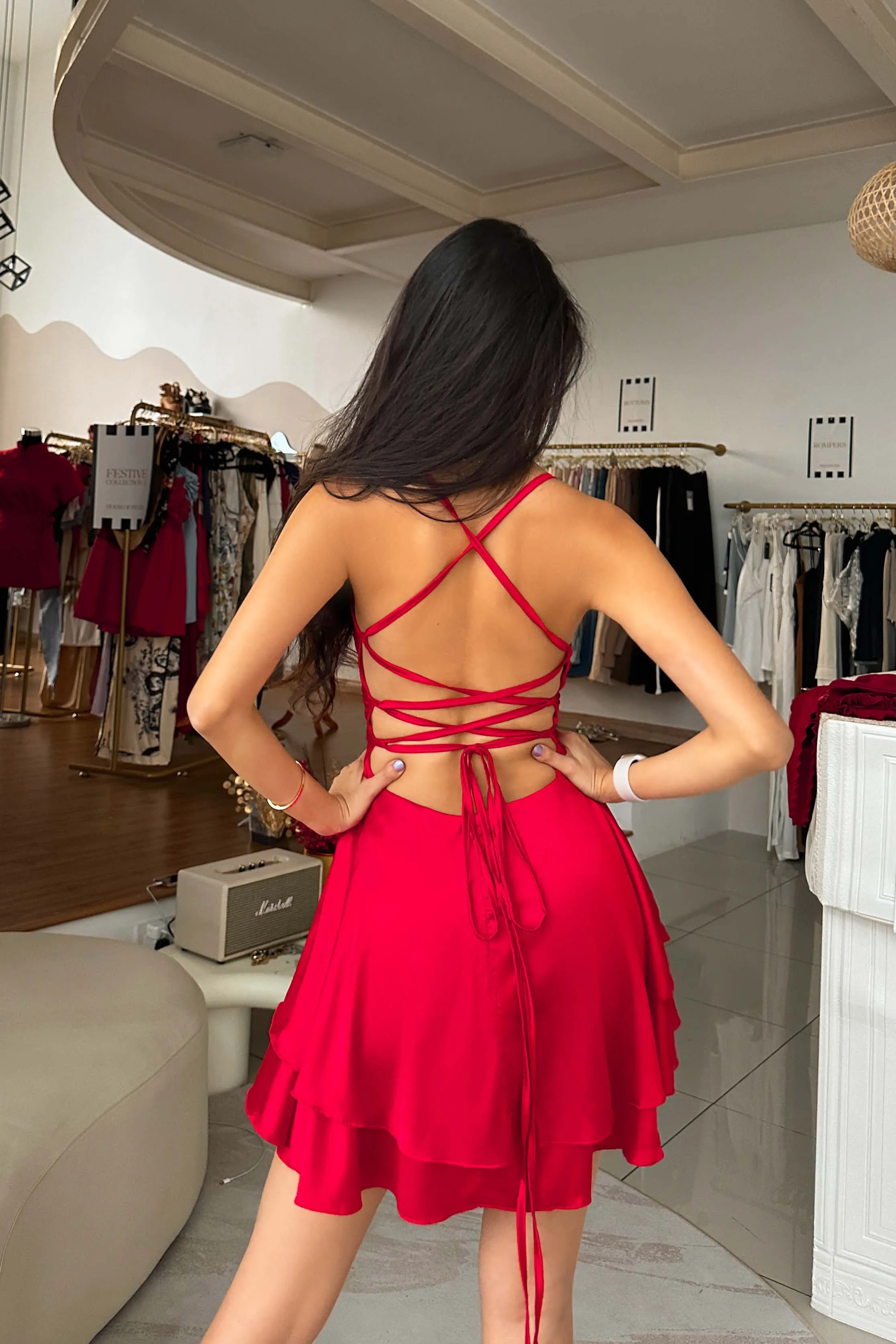 Icing Satin Flared Dress in Red