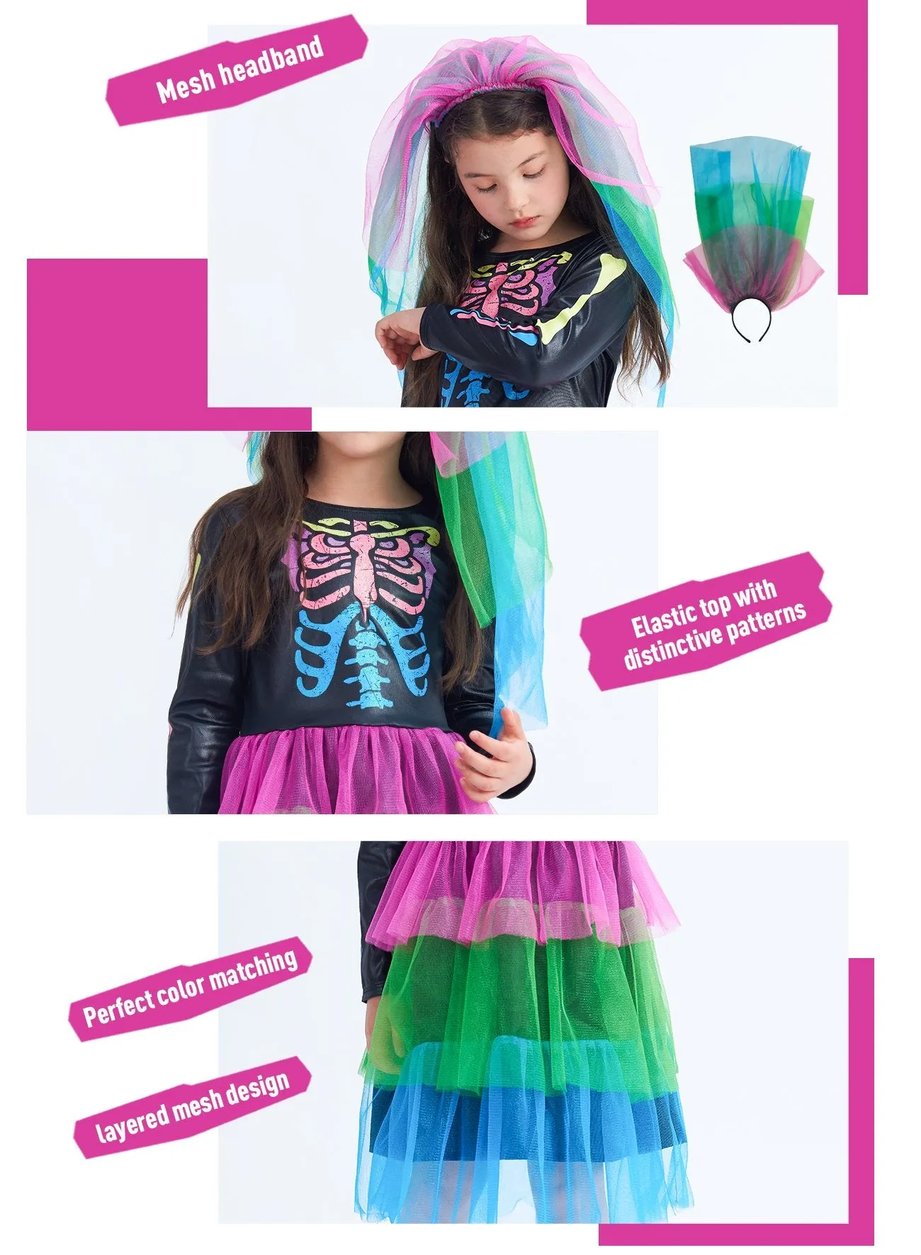 IKALI Girls Skeleton Costumes, Halloween Zombie/Ghost Outfit