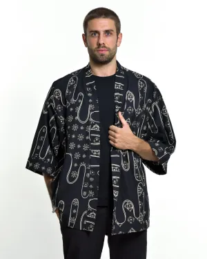 Japanese Print Cotton Kimono Cardigan in Black