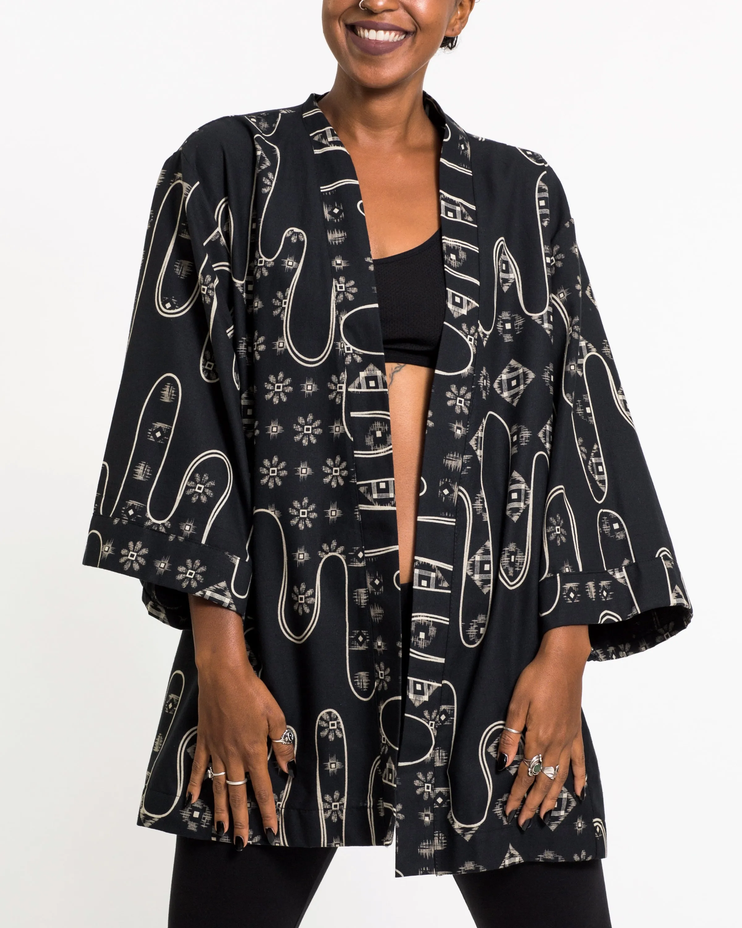 Japanese Print Cotton Kimono Cardigan in Black