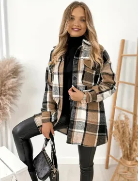 Khaki Plaid Print Casual Long Sleeve Shacket Jacket