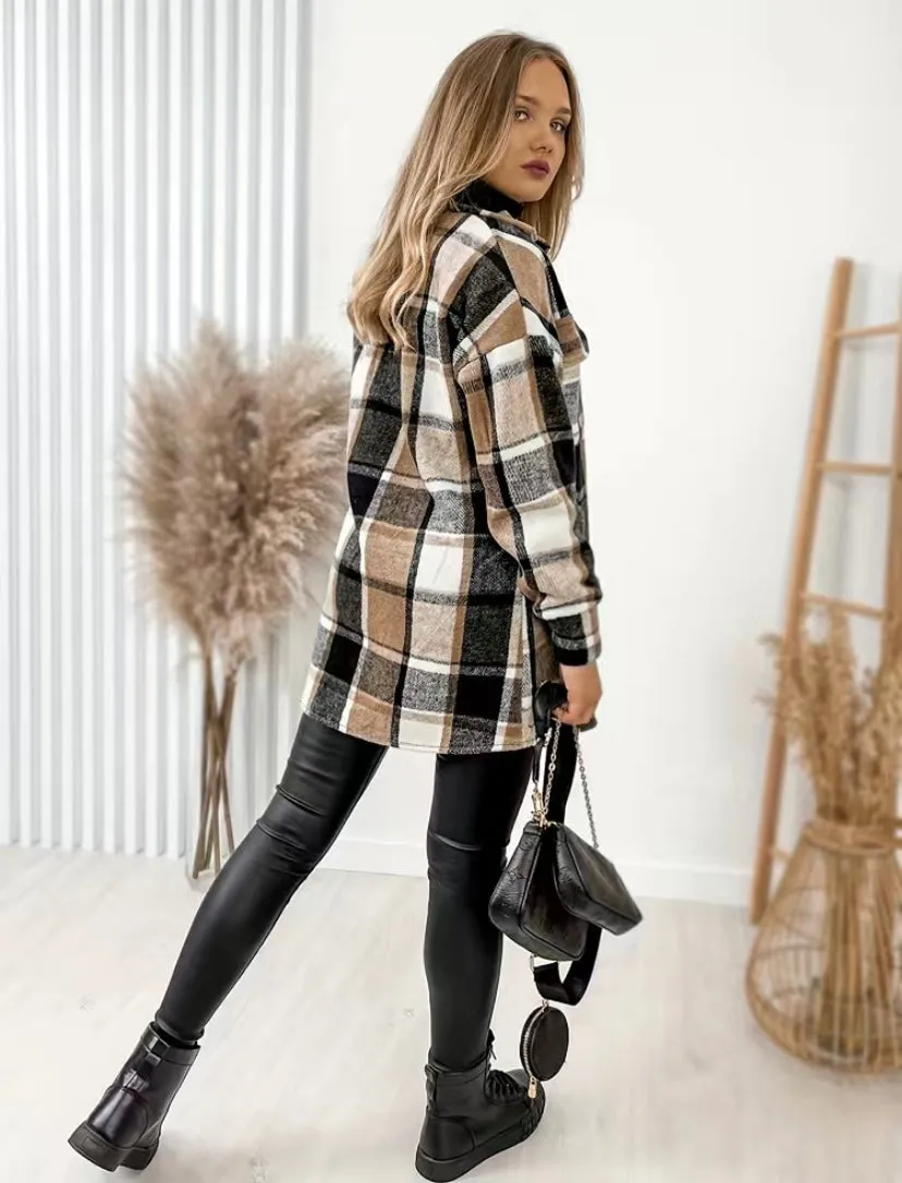 Khaki Plaid Print Casual Long Sleeve Shacket Jacket