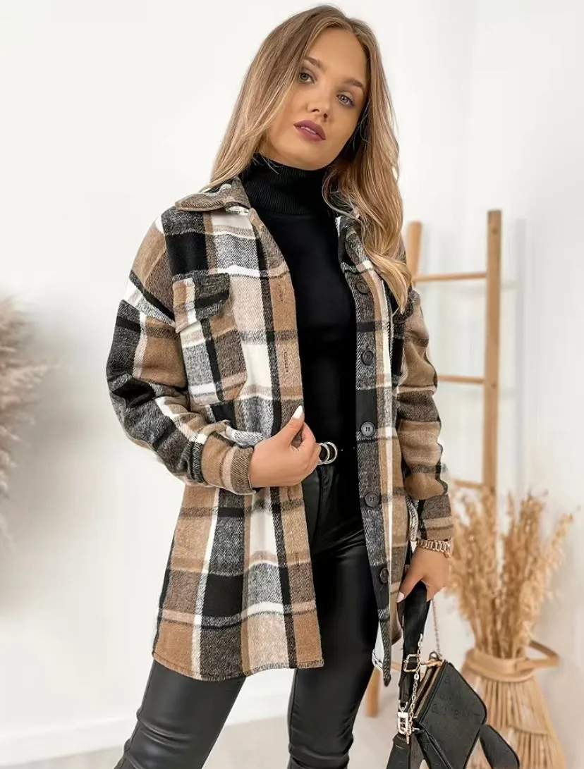 Khaki Plaid Print Casual Long Sleeve Shacket Jacket