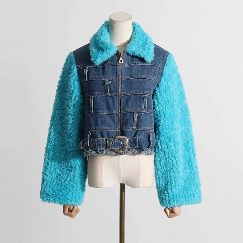 Lapel collar jacket faux fur sleeves jean coat for women