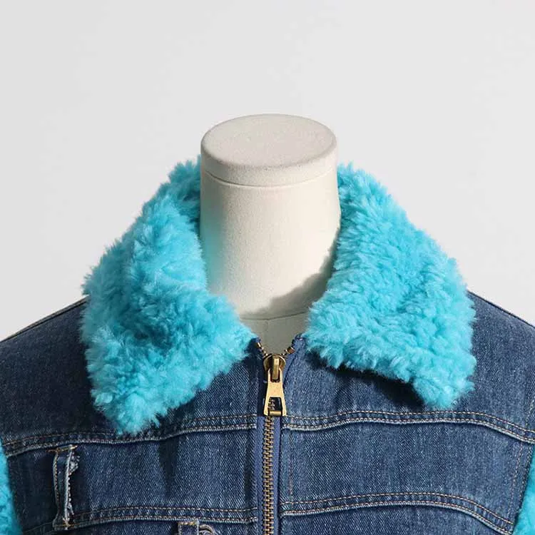 Lapel collar jacket faux fur sleeves jean coat for women