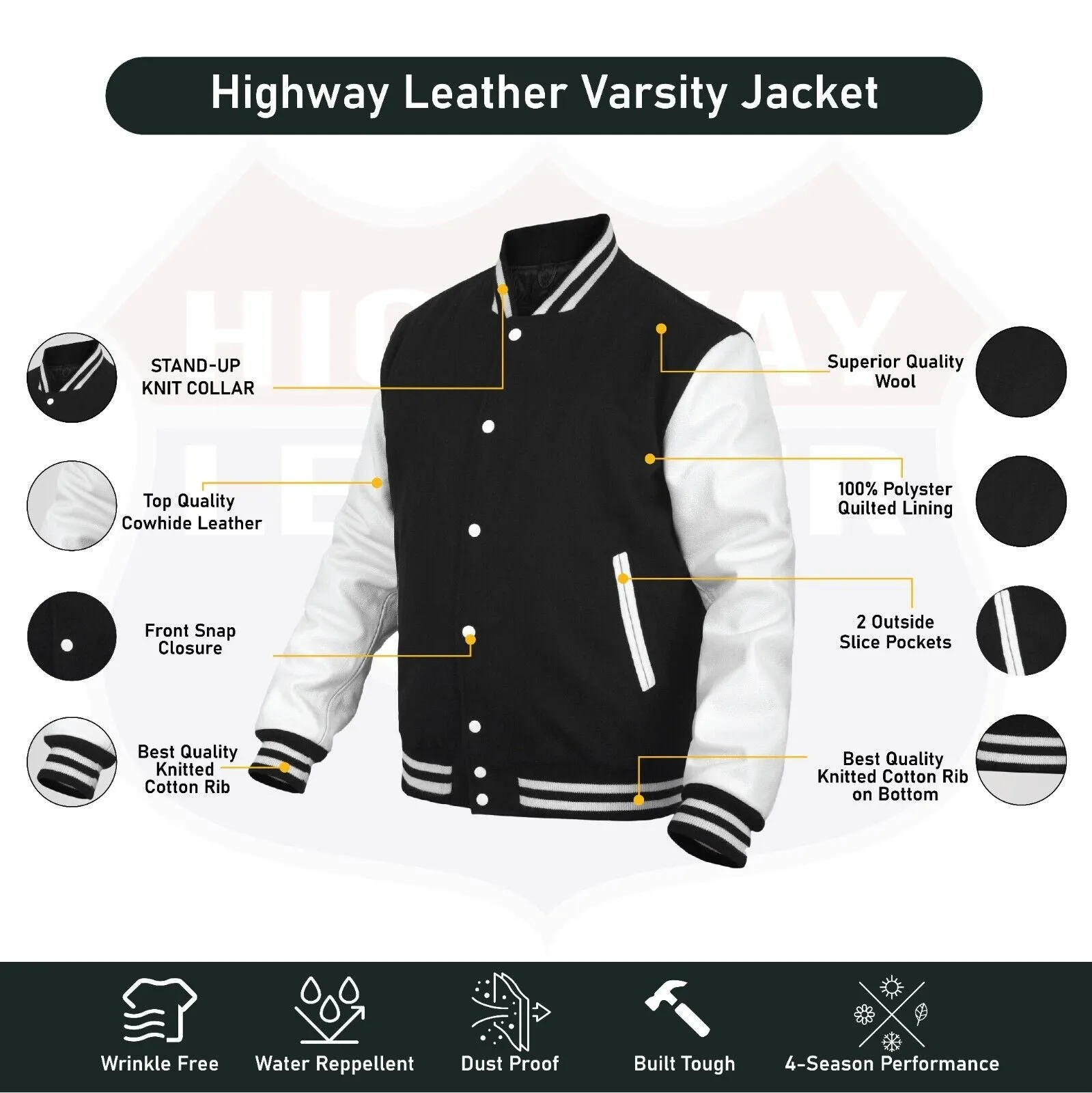 Leather Varsity Jacket Letterman Jacket Baseball Jacket Banded Collar 2802BLK/WHT