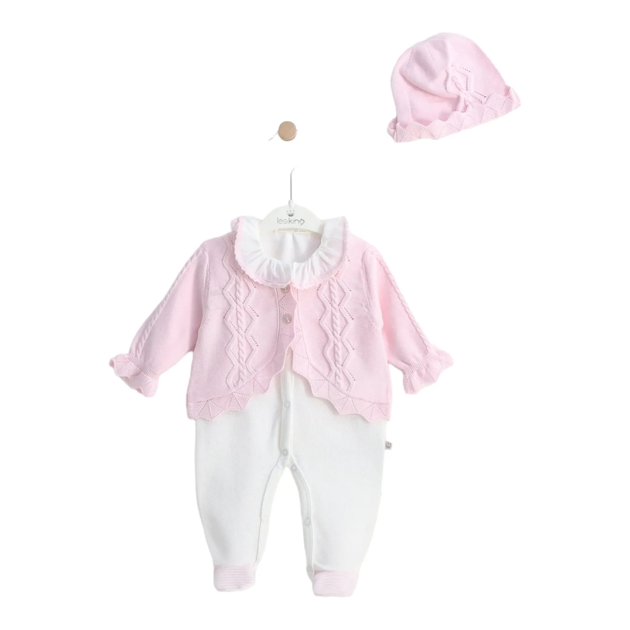 leo king - 3 piece outfit, romper cardigan and bonnet, pink