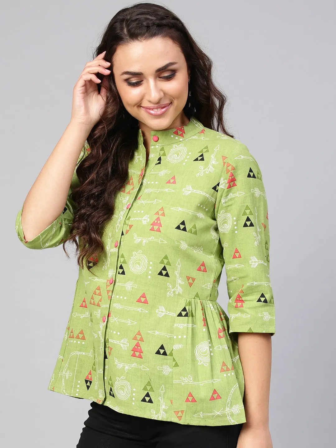 Light Green Tribal Print Tunic With Mandarin Collar & 3/4 Sleeves