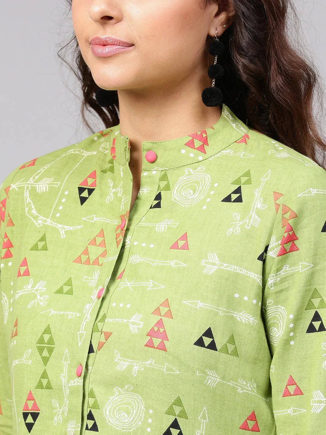 Light Green Tribal Print Tunic With Mandarin Collar & 3/4 Sleeves