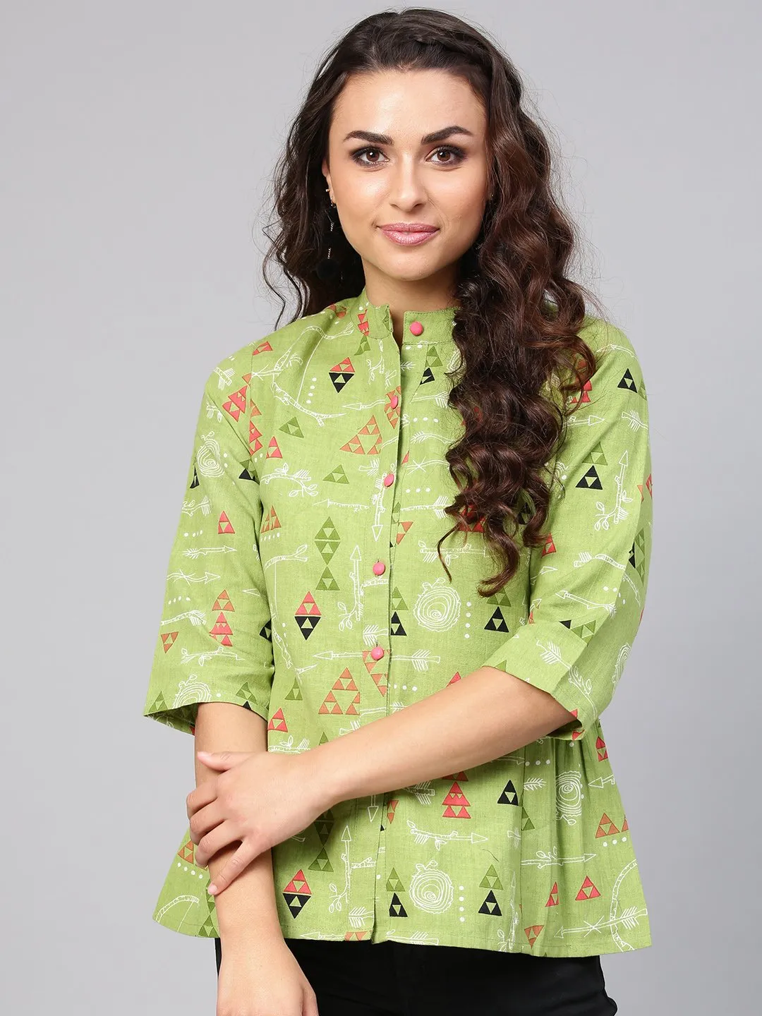 Light Green Tribal Print Tunic With Mandarin Collar & 3/4 Sleeves