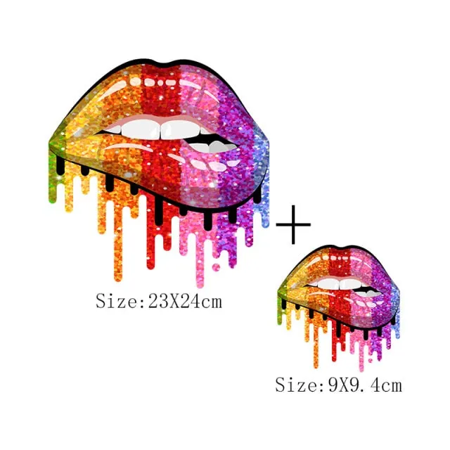 Lips Patches Rainbow Lips Thermal Sticker Iron On Transfers Fashion Girl DIY T-Shirt Tops Patch Heat Transfer Stickers Appliqued