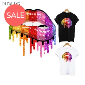 Lips Patches Rainbow Lips Thermal Sticker Iron On Transfers Fashion Girl DIY T-Shirt Tops Patch Heat Transfer Stickers Appliqued