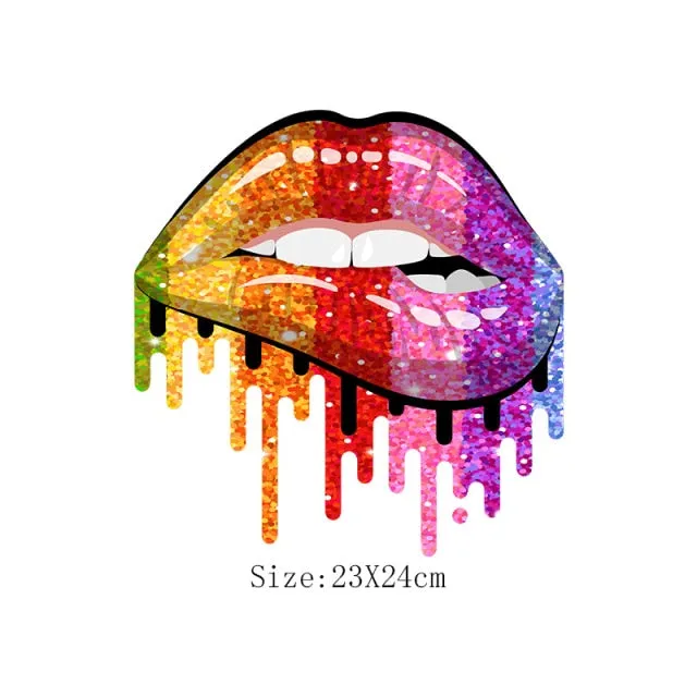 Lips Patches Rainbow Lips Thermal Sticker Iron On Transfers Fashion Girl DIY T-Shirt Tops Patch Heat Transfer Stickers Appliqued