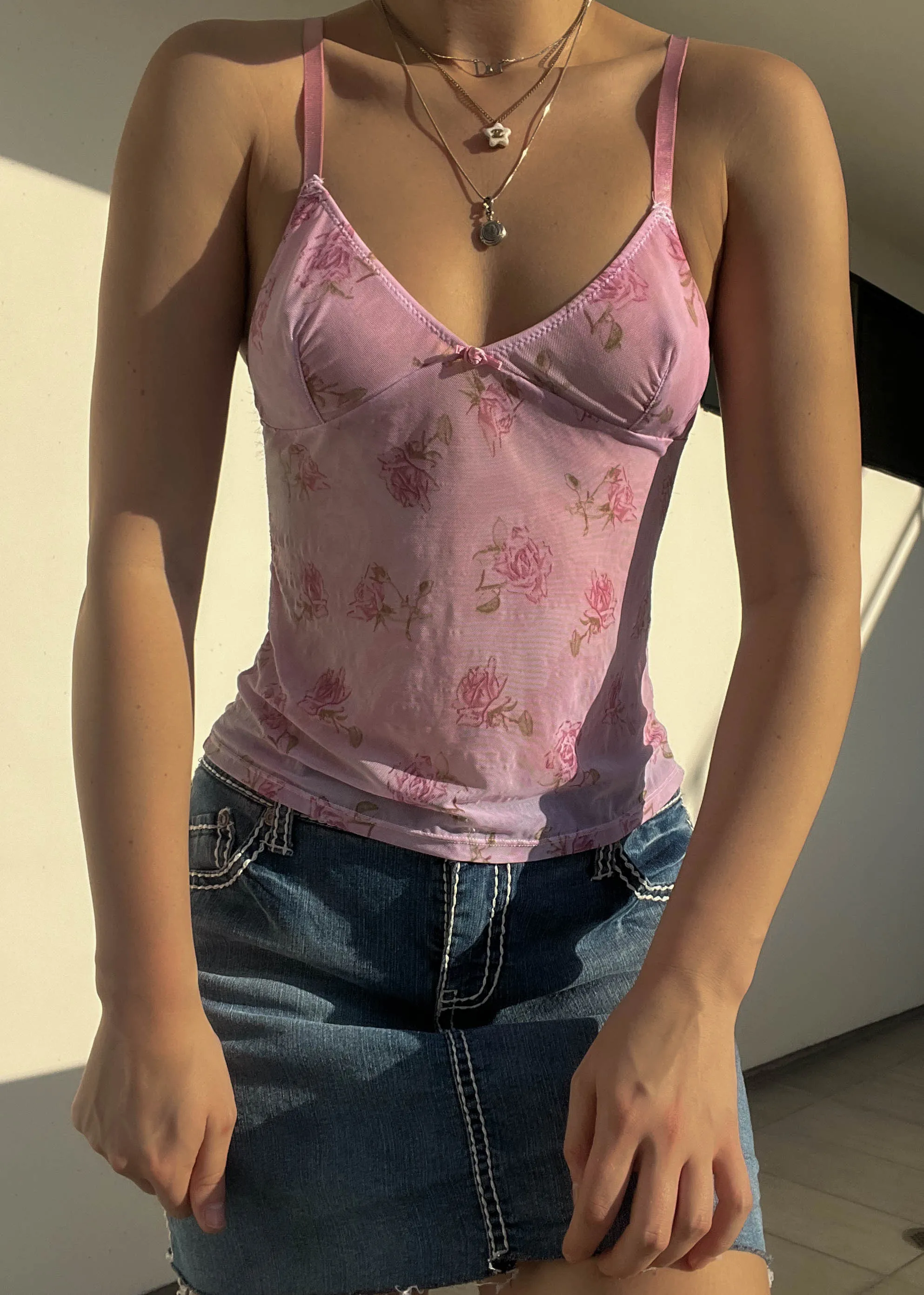 Mauve Rose Print Mesh Camisole (S)