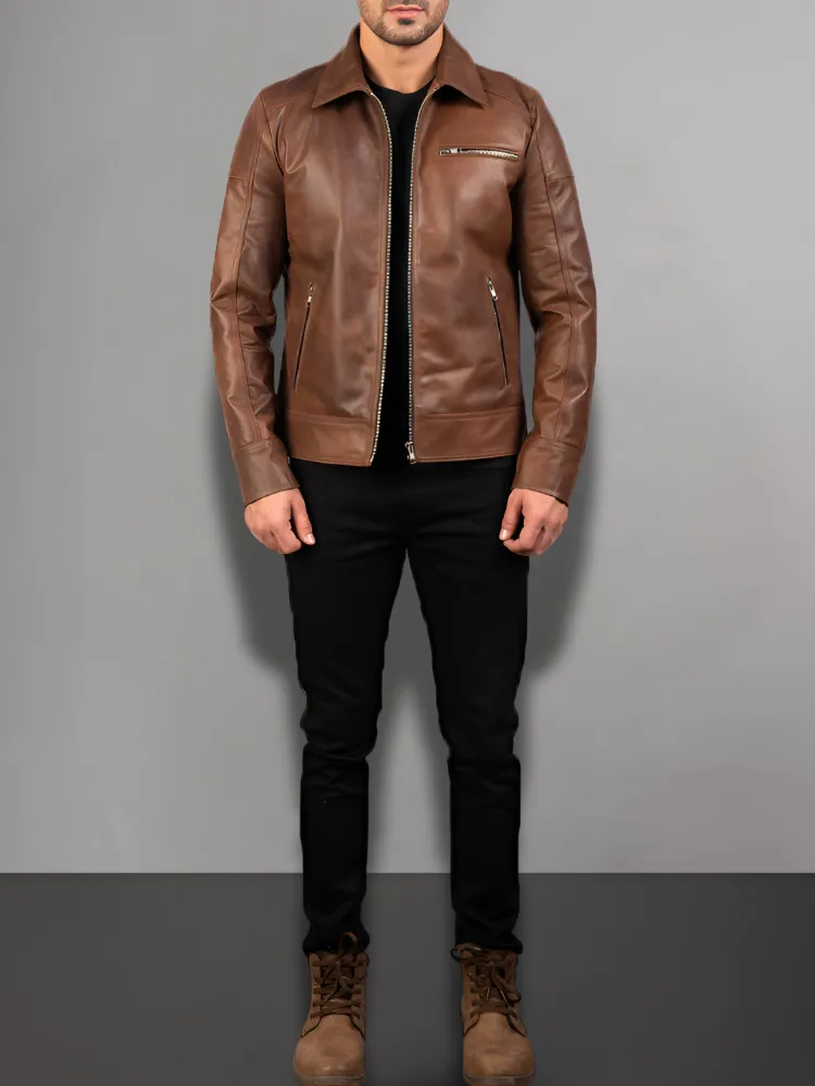 Mens Brando Cafe Racer Motorcycle Leather Jacket