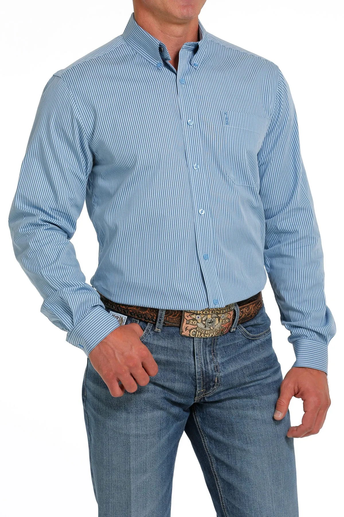 Men's Cinch Modern Fit Blue Stripe Long Sleeve Button Down Shirt - MTW1347085