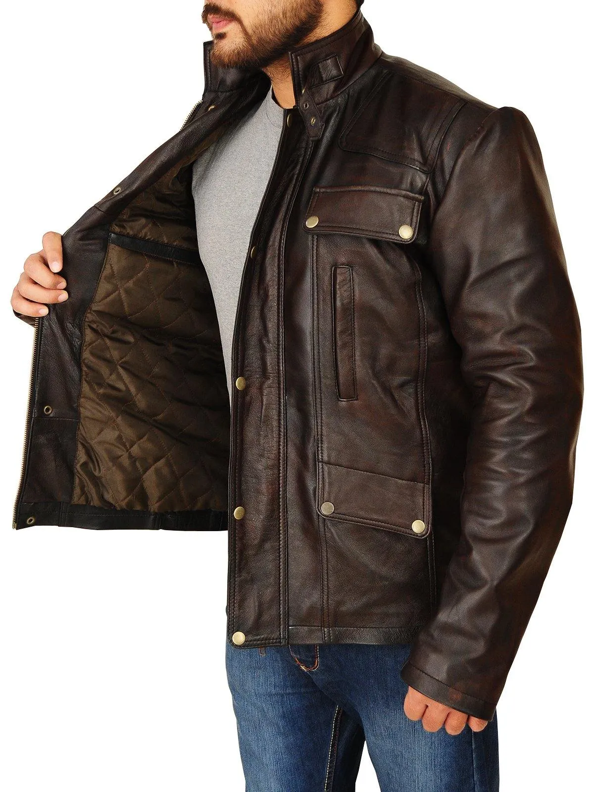 Men's Classic Dark Brown Genuine Leather Jacket with Stand-Up Collar