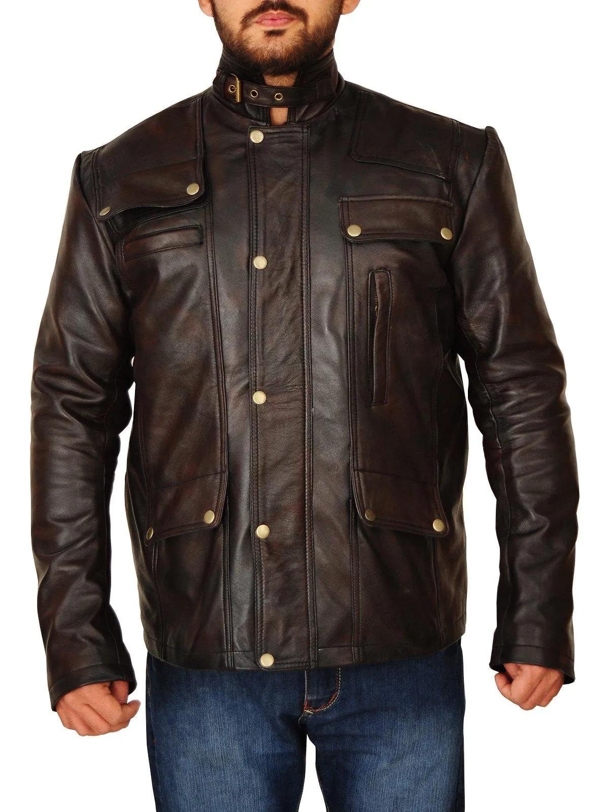 Men's Classic Dark Brown Genuine Leather Jacket with Stand-Up Collar