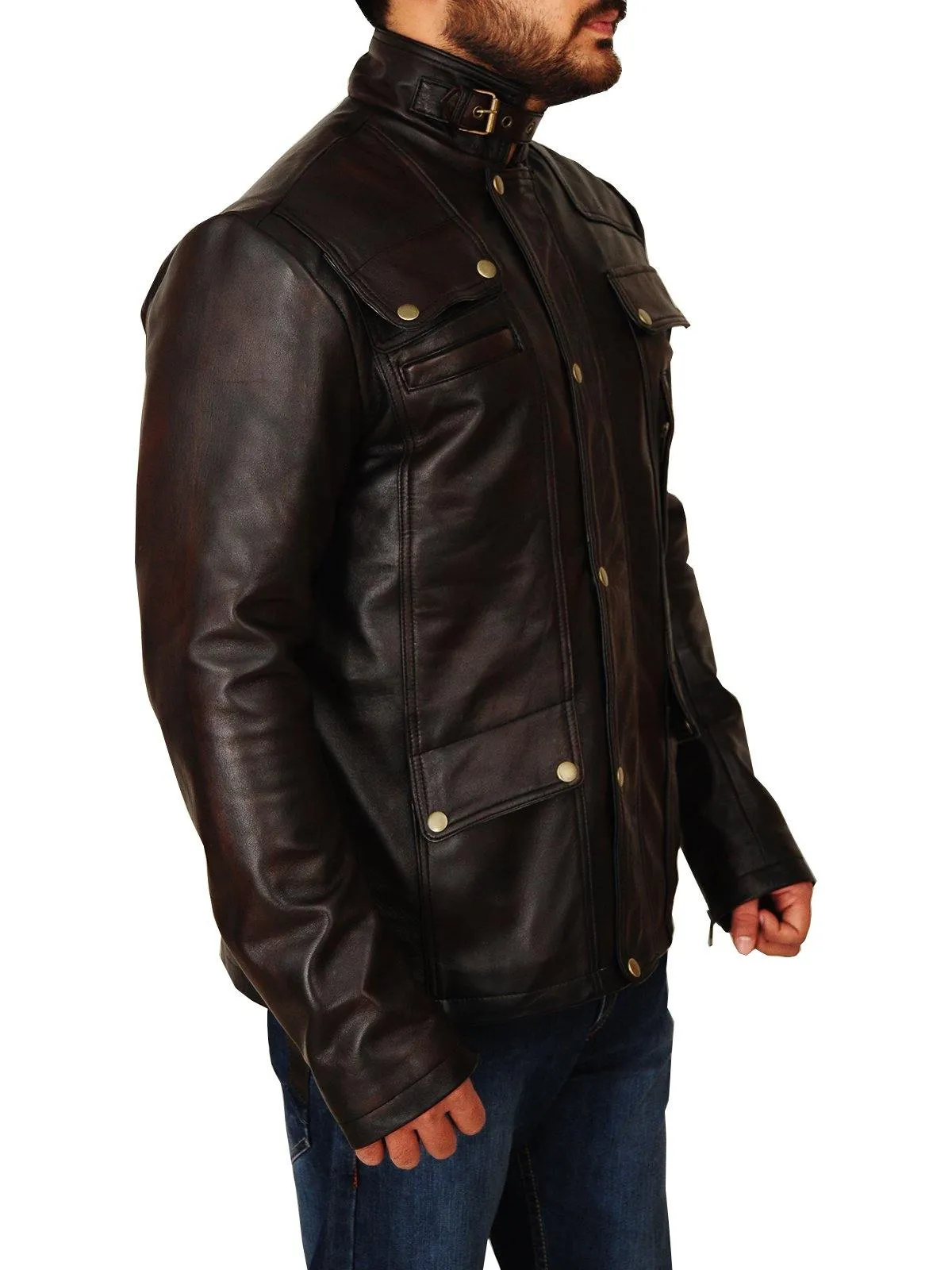 Men's Classic Dark Brown Genuine Leather Jacket with Stand-Up Collar