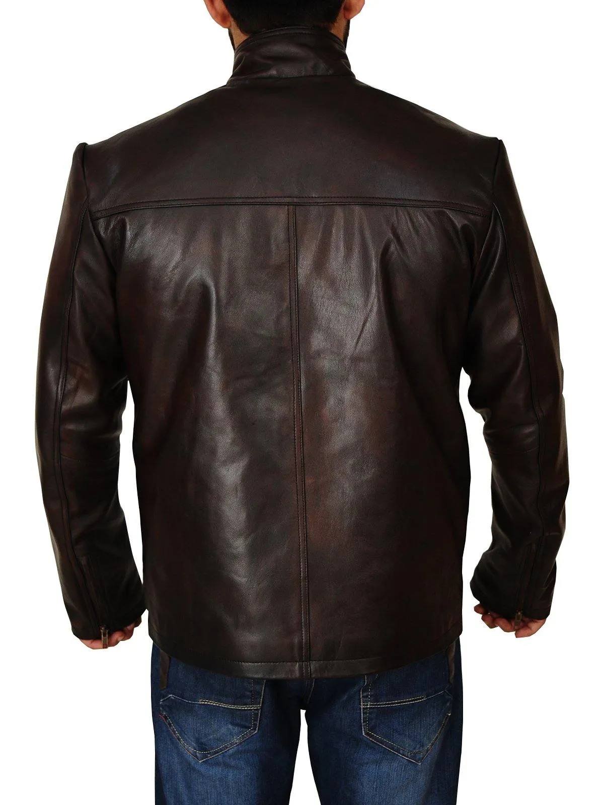 Men's Classic Dark Brown Genuine Leather Jacket with Stand-Up Collar