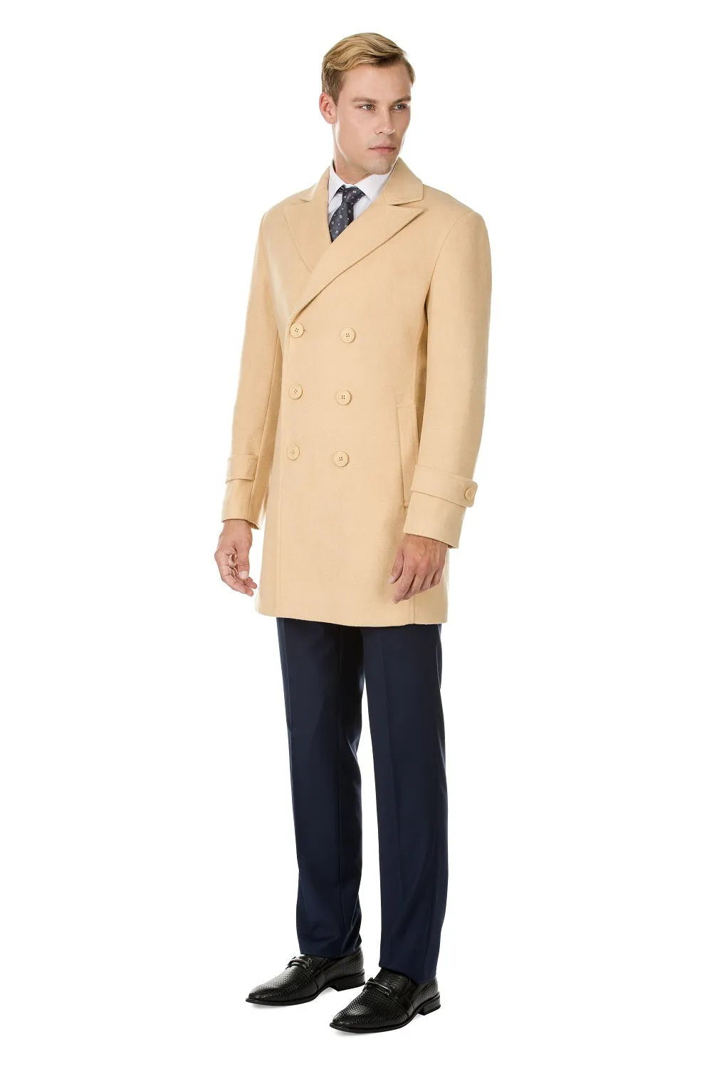 Men's Double Breasted Pea Coat Wool Blend Dress Jacket Peacoat