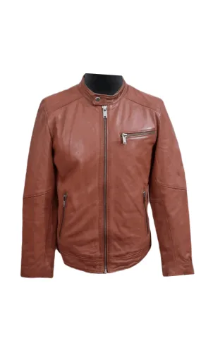 Mens Leather Jacket Biker Style Handmade Cognac Real Lambskin Fashion Jacket - ELM39