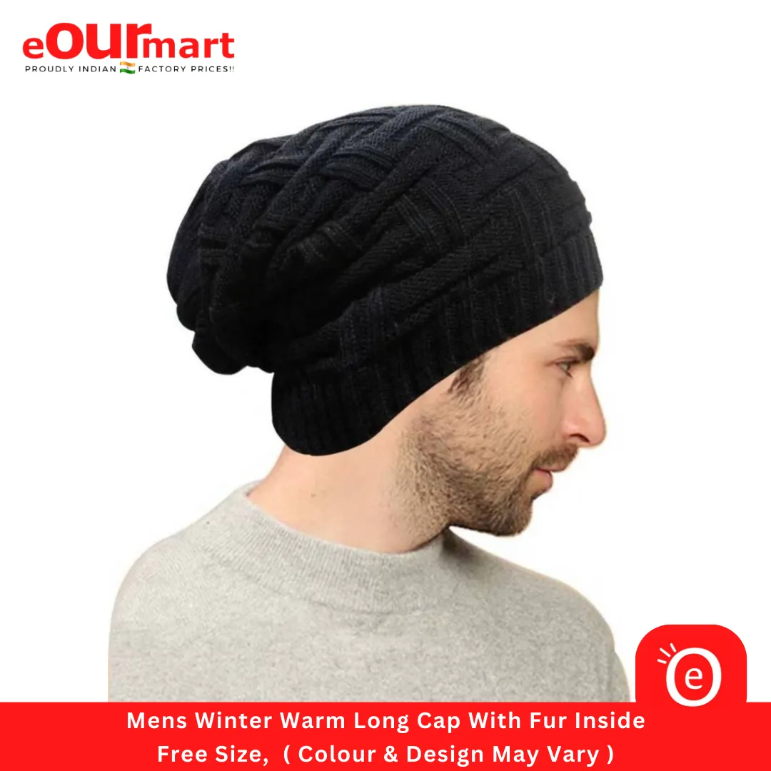 Mens Winter Warm Long Cap With Fur Inside, Free Size,  ( Colour & Design May Vary )