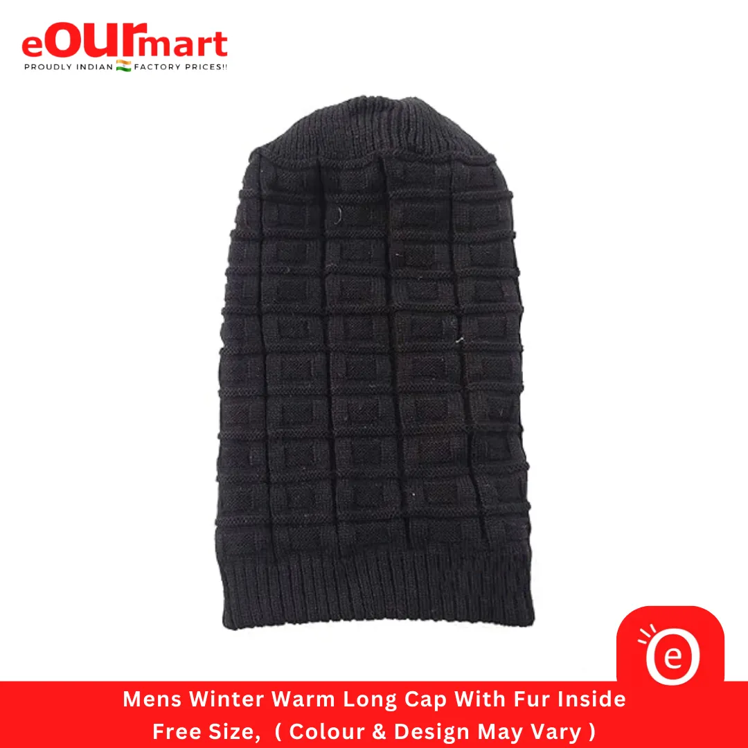 Mens Winter Warm Long Cap With Fur Inside, Free Size,  ( Colour & Design May Vary )