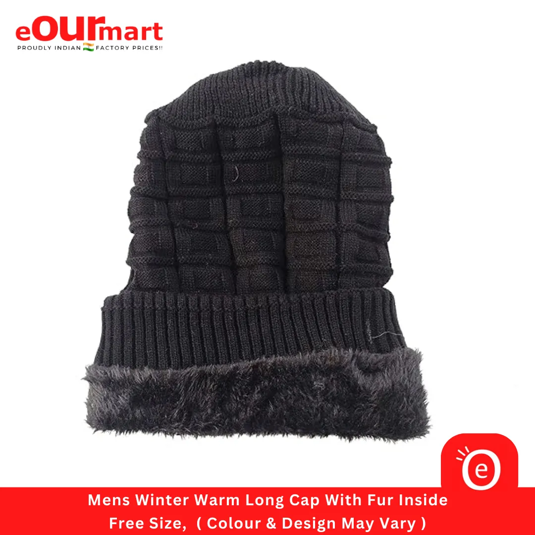 Mens Winter Warm Long Cap With Fur Inside, Free Size,  ( Colour & Design May Vary )