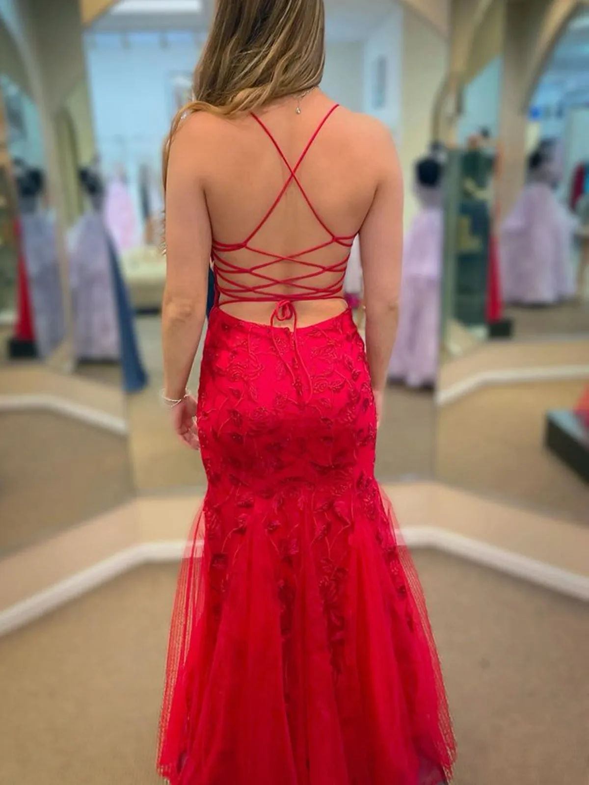 Mermaid Backless Red Lace Long Prom Dresses, Mermaid Red Formal Dresses, Red Lace Evening Dresses