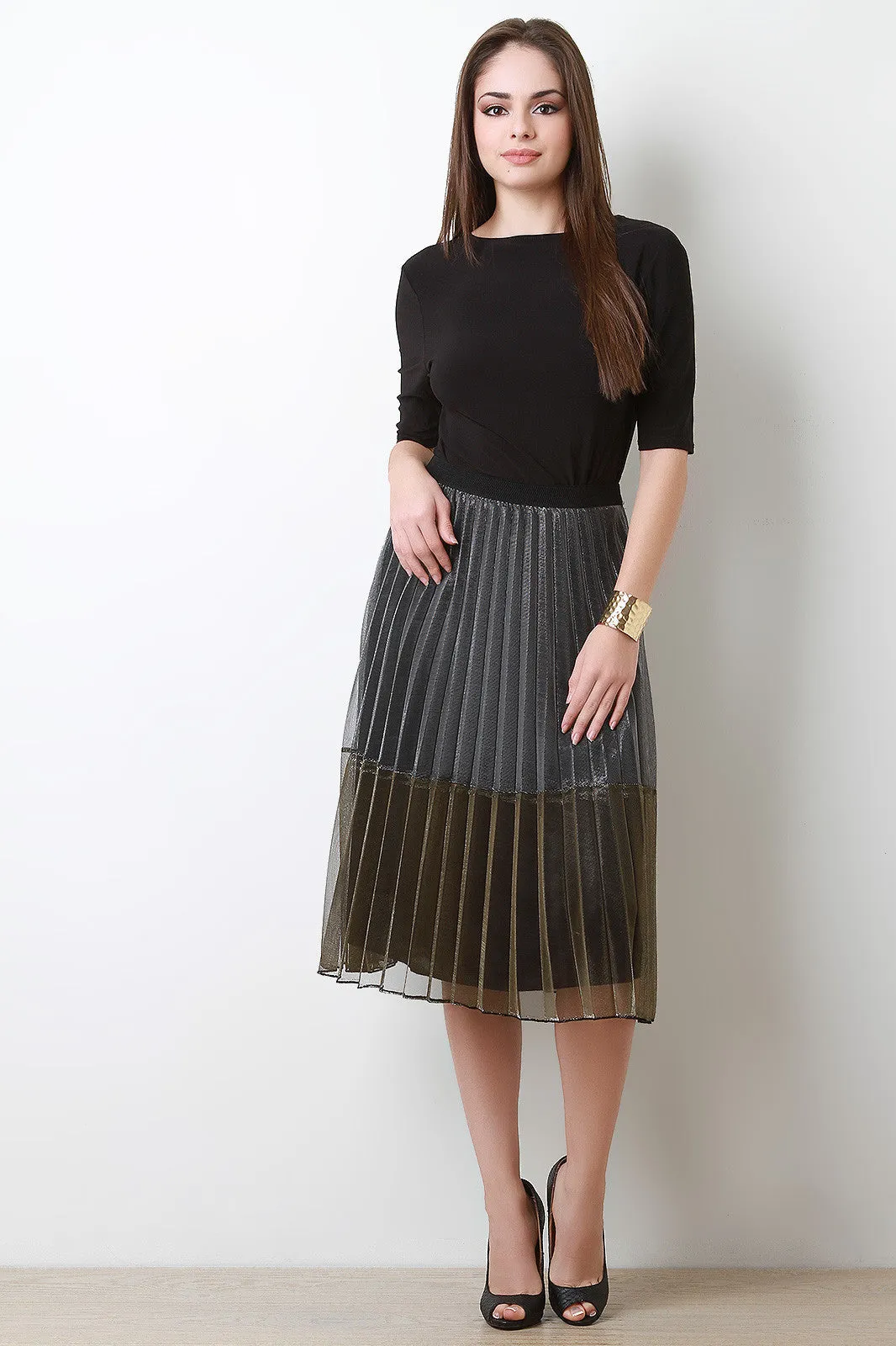 Metallic Sheer Accordion Midi Skirt