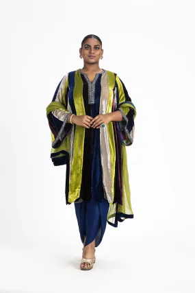 MULTI COLOUR VELVET PANNELED TUNIC WITH GUNMETAL EMBROIDER AND DHOTI SALWAR