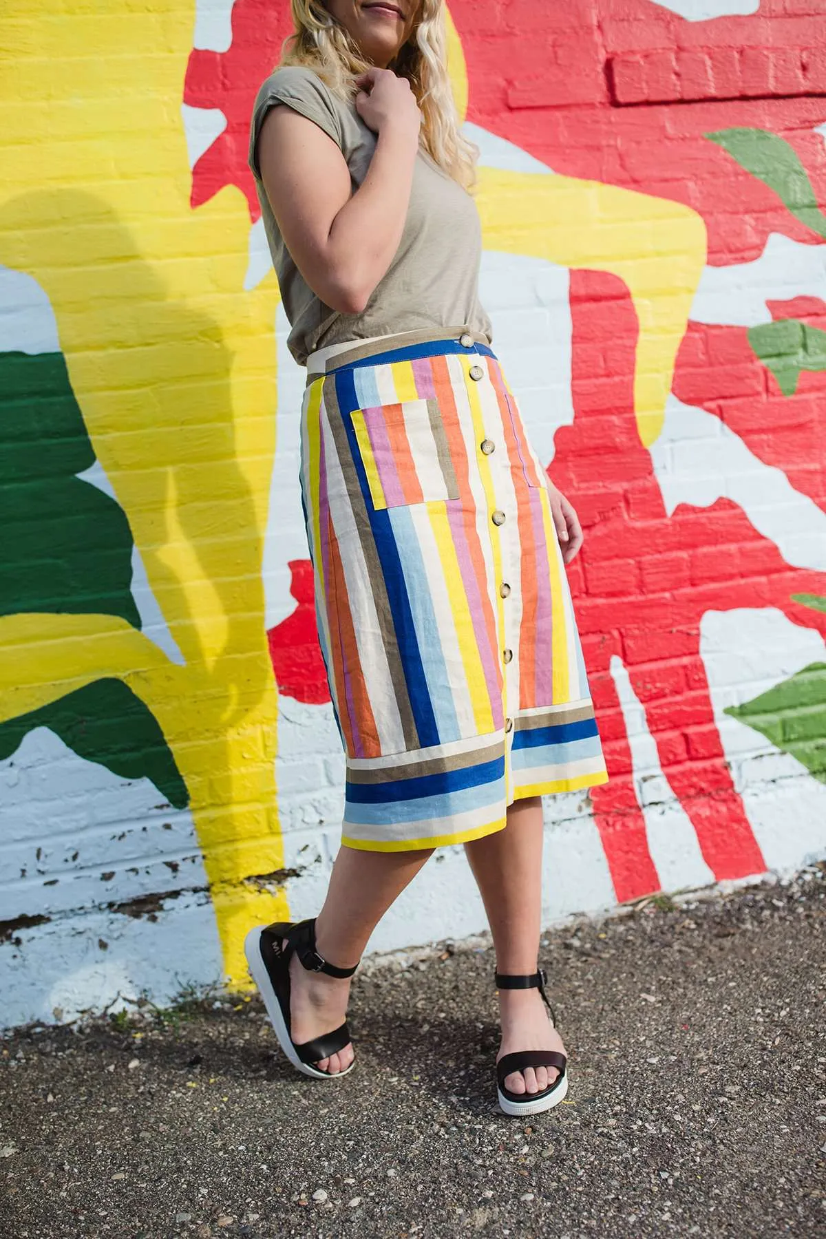 Multi Stripe Button Front Midi Skirt