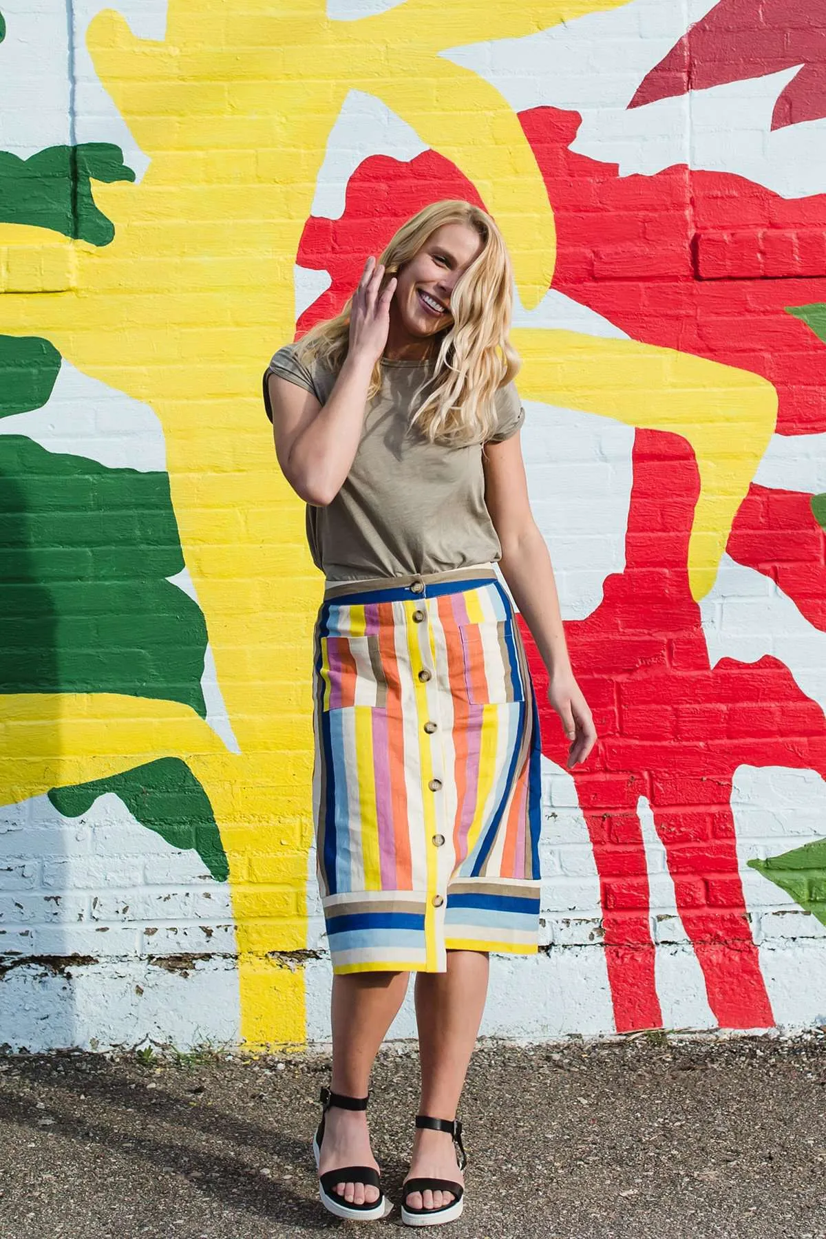 Multi Stripe Button Front Midi Skirt