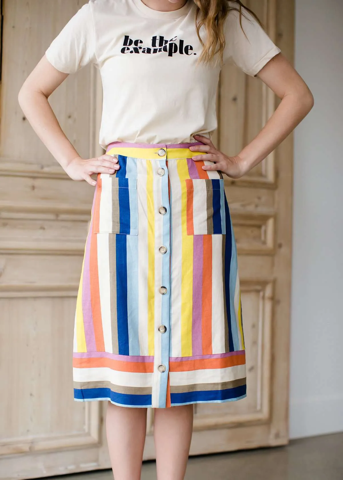 Multi Stripe Button Front Midi Skirt