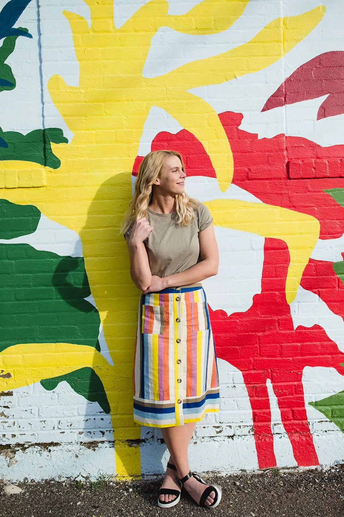 Multi Stripe Button Front Midi Skirt