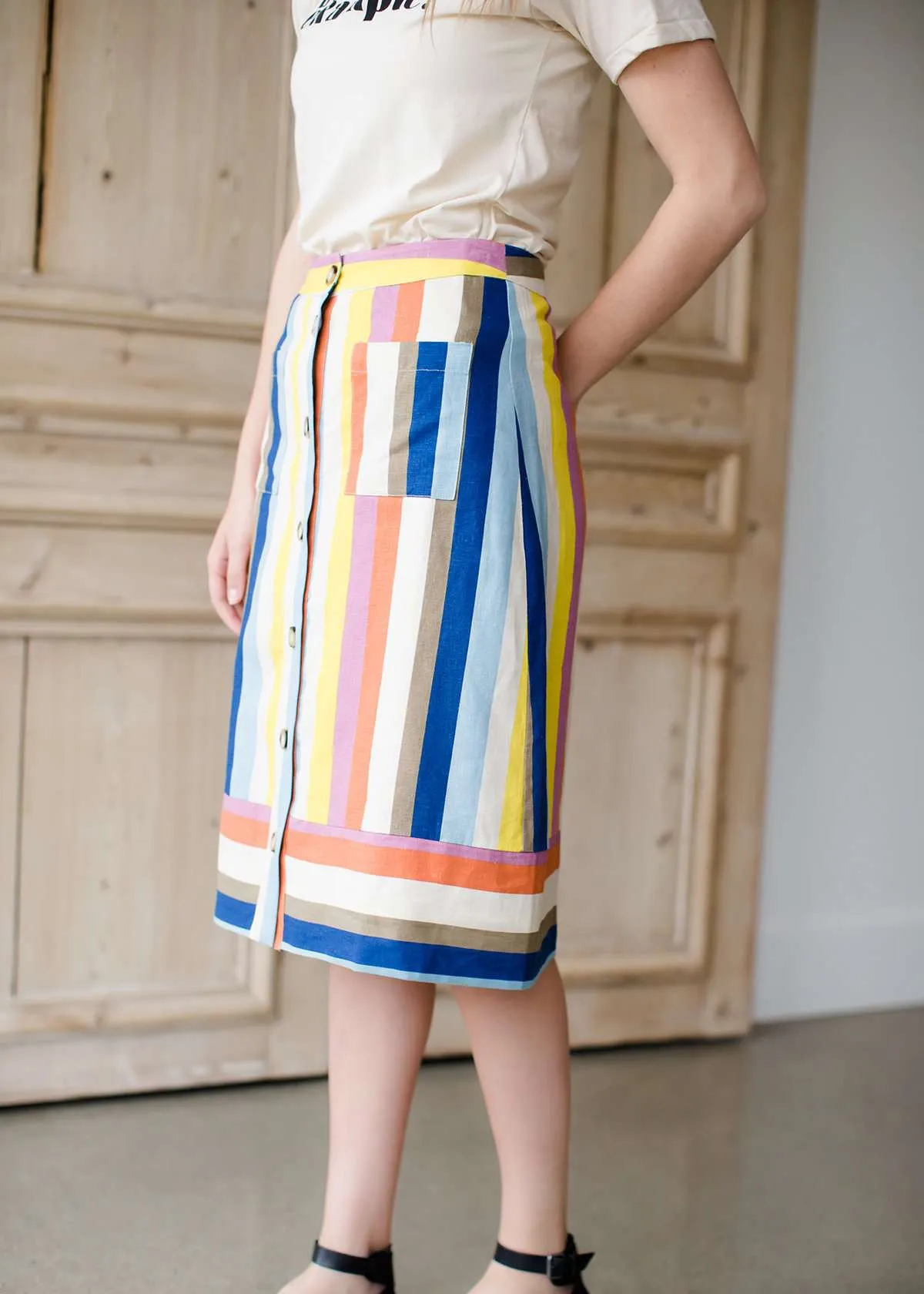 Multi Stripe Button Front Midi Skirt