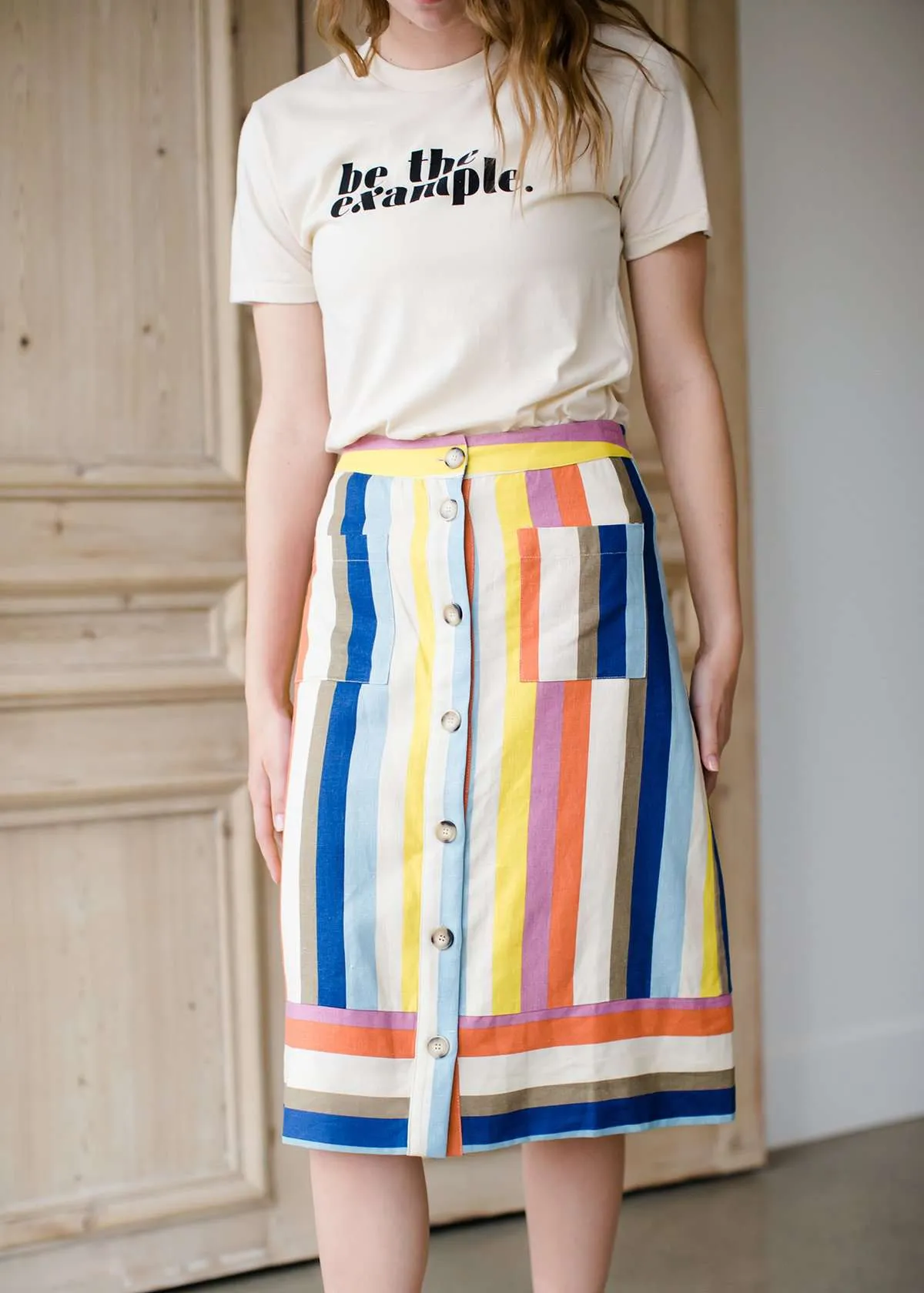 Multi Stripe Button Front Midi Skirt