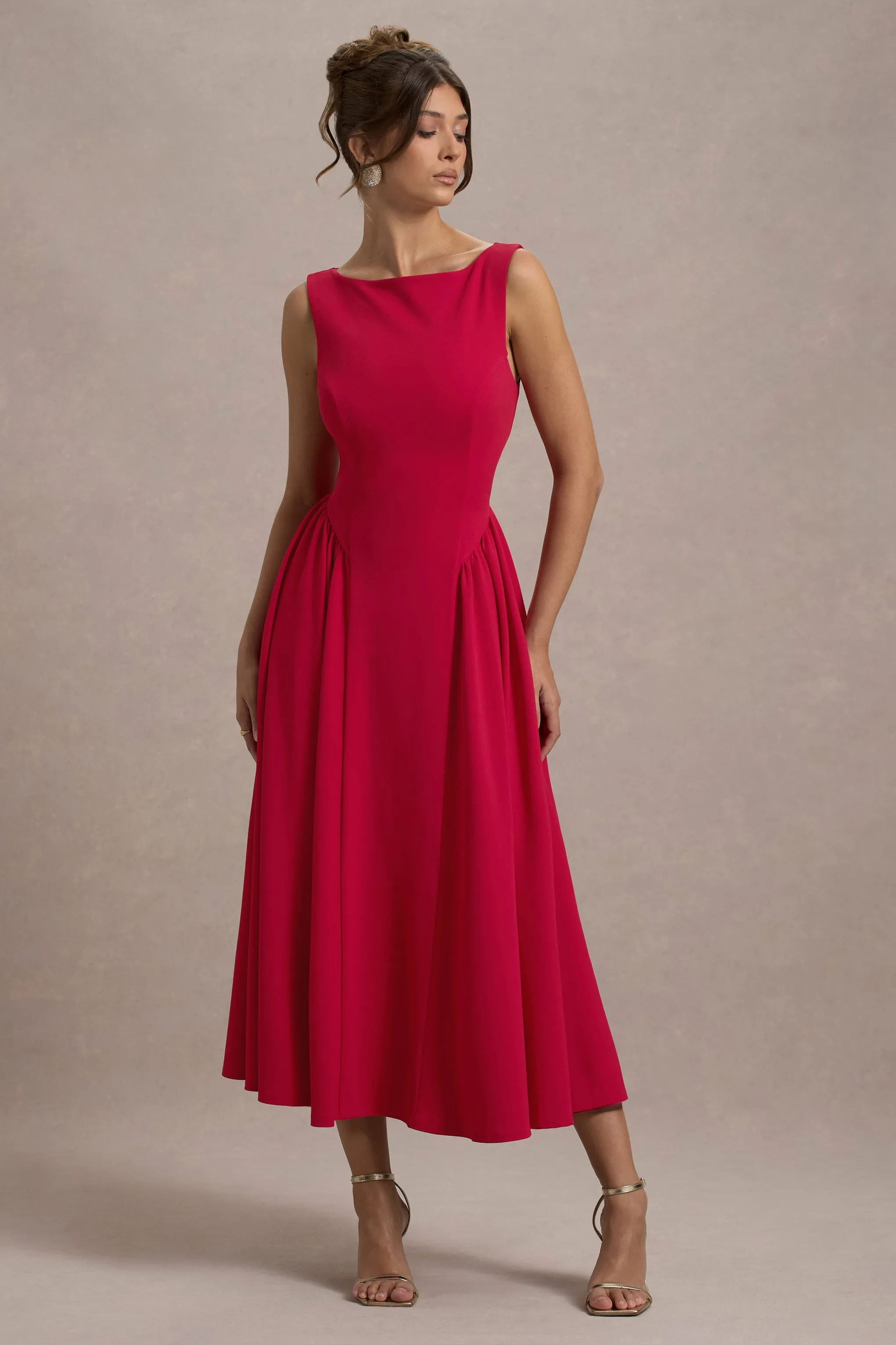 Muriel | Red Boat-Neck Volume-Hem Midi Dress