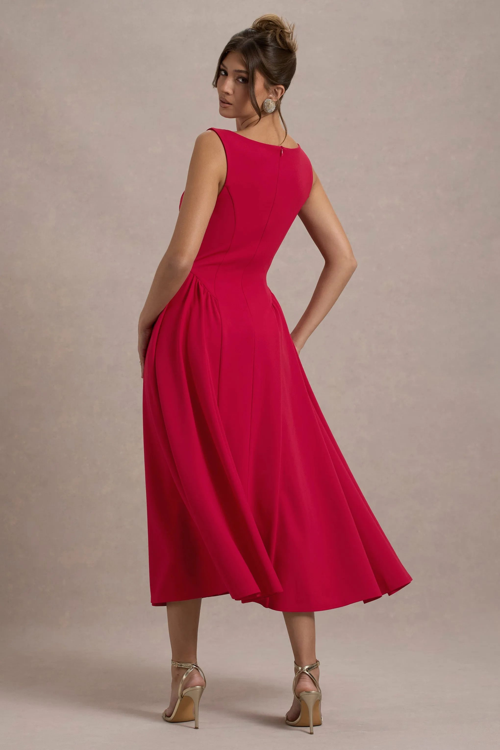 Muriel | Red Boat-Neck Volume-Hem Midi Dress