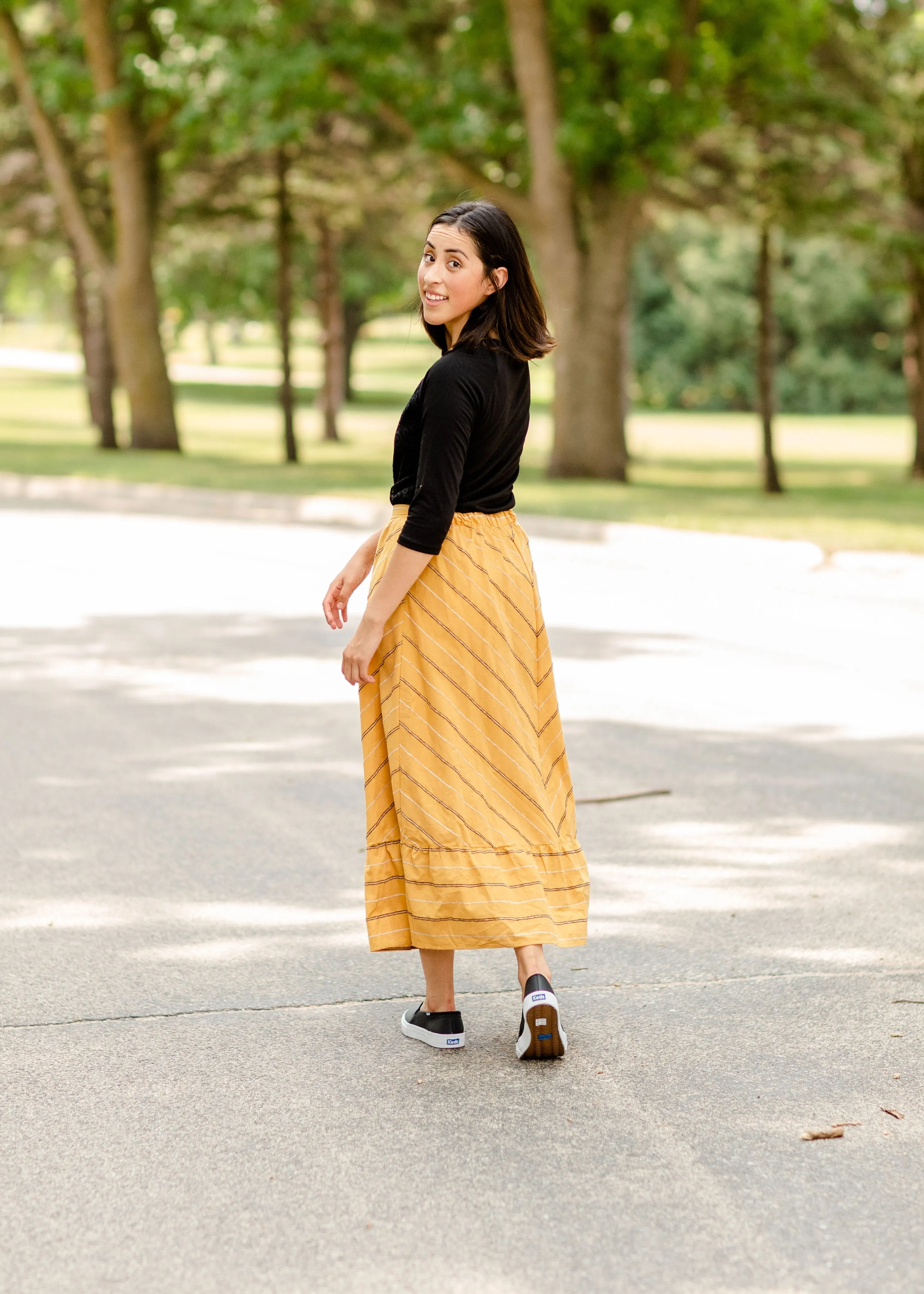 Mustard Striped Button Front Midi Skirt - Final Sale