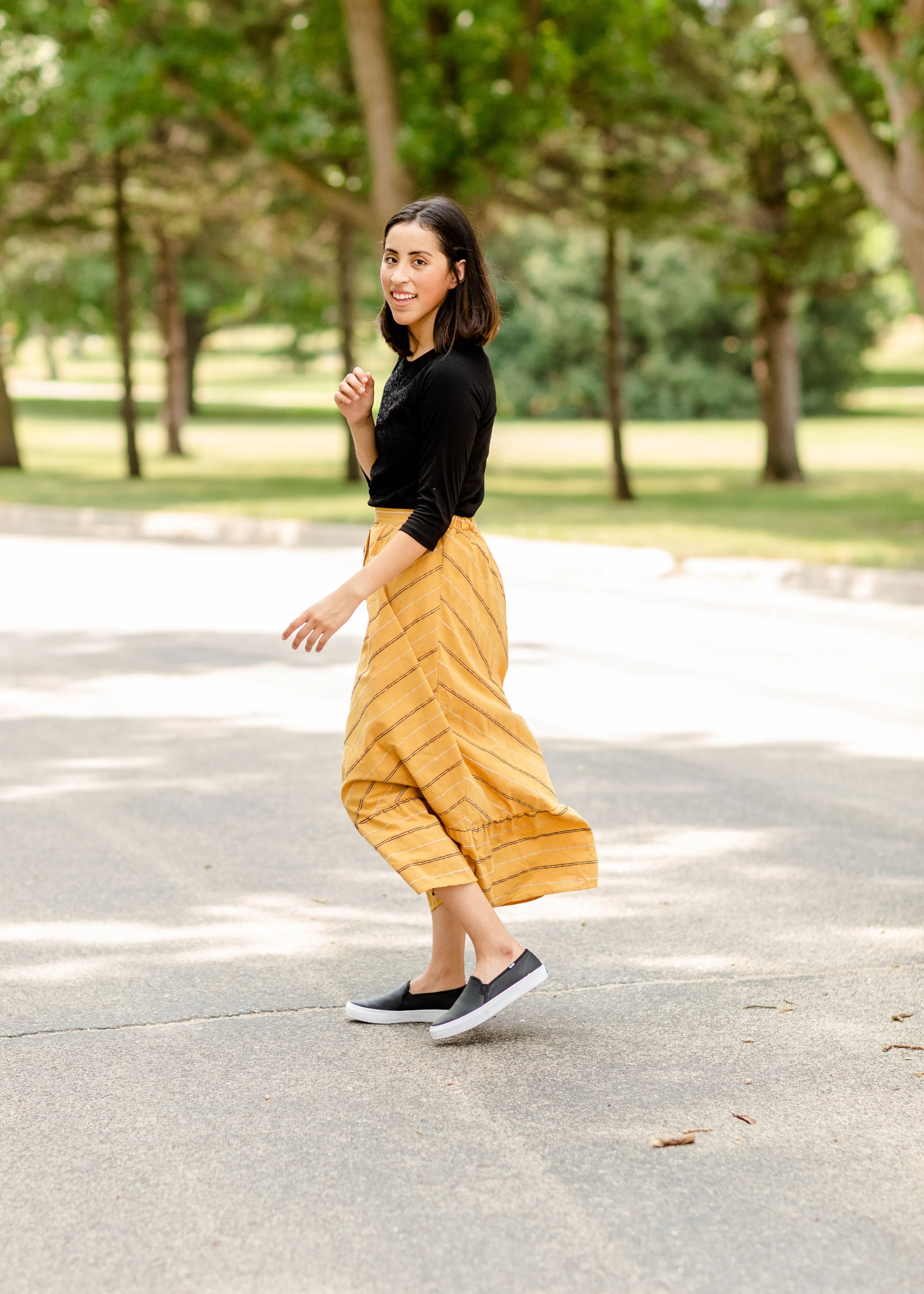 Mustard Striped Button Front Midi Skirt - Final Sale