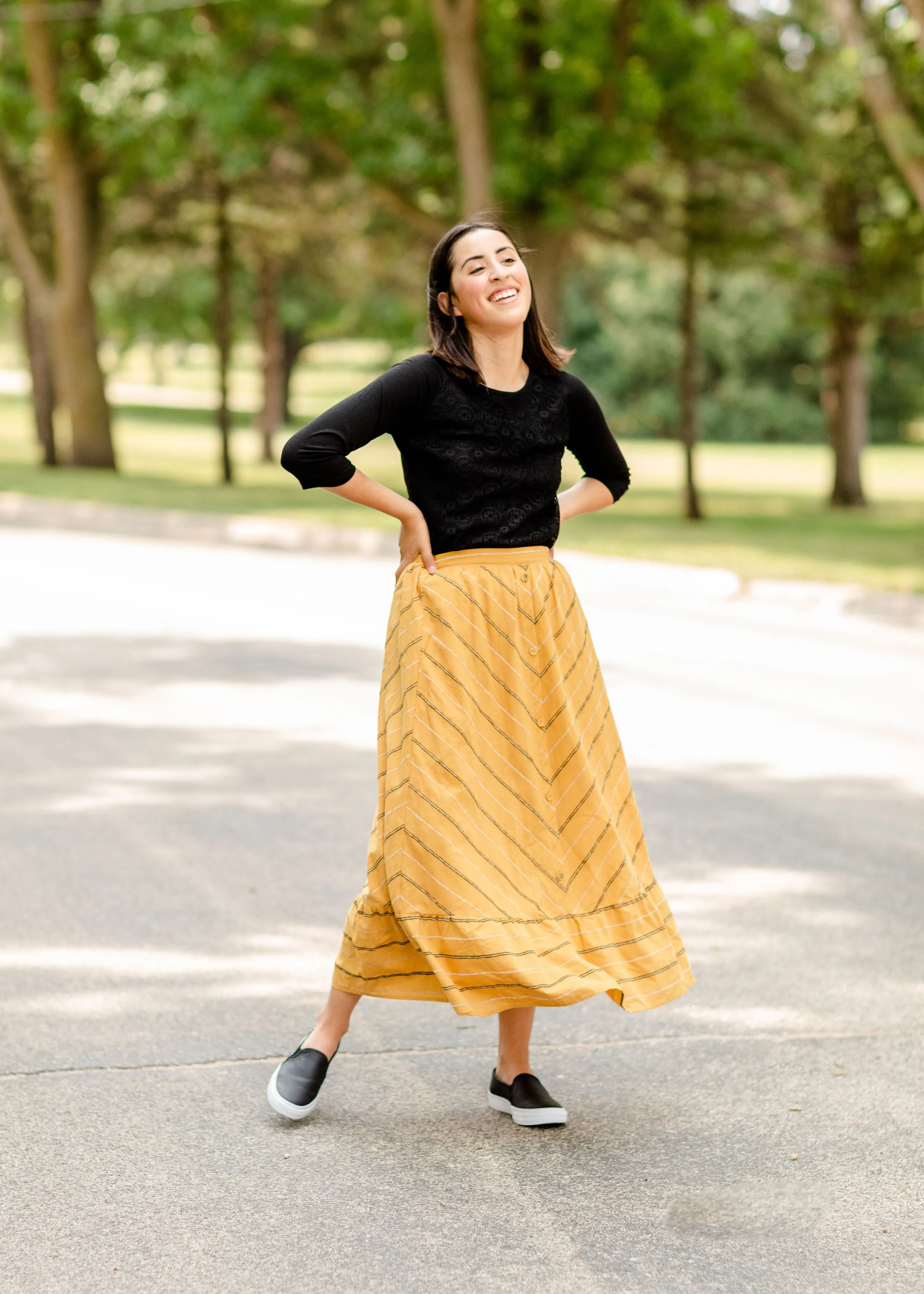 Mustard Striped Button Front Midi Skirt - Final Sale