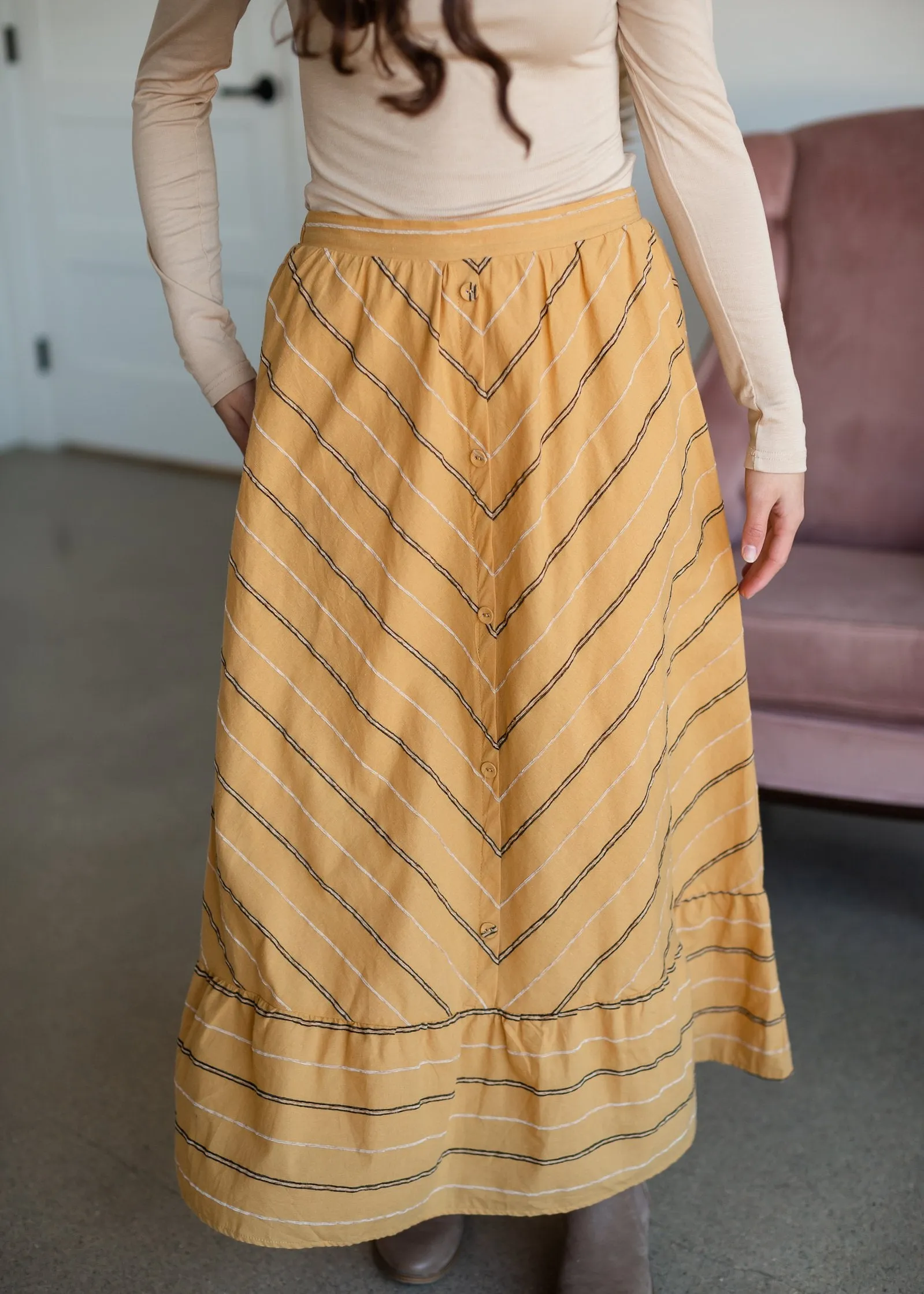 Mustard Striped Button Front Midi Skirt - Final Sale