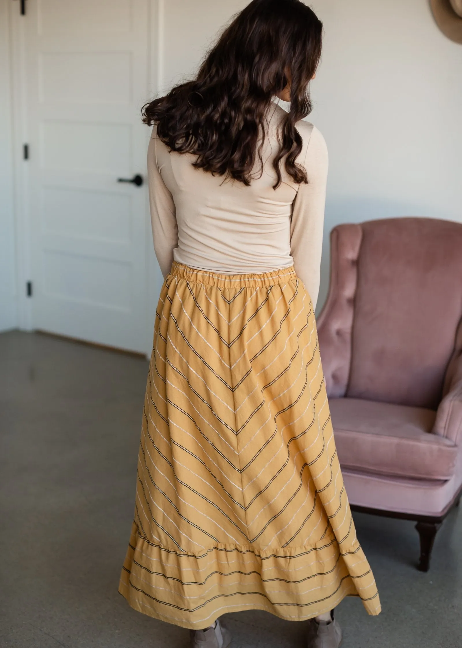 Mustard Striped Button Front Midi Skirt - Final Sale