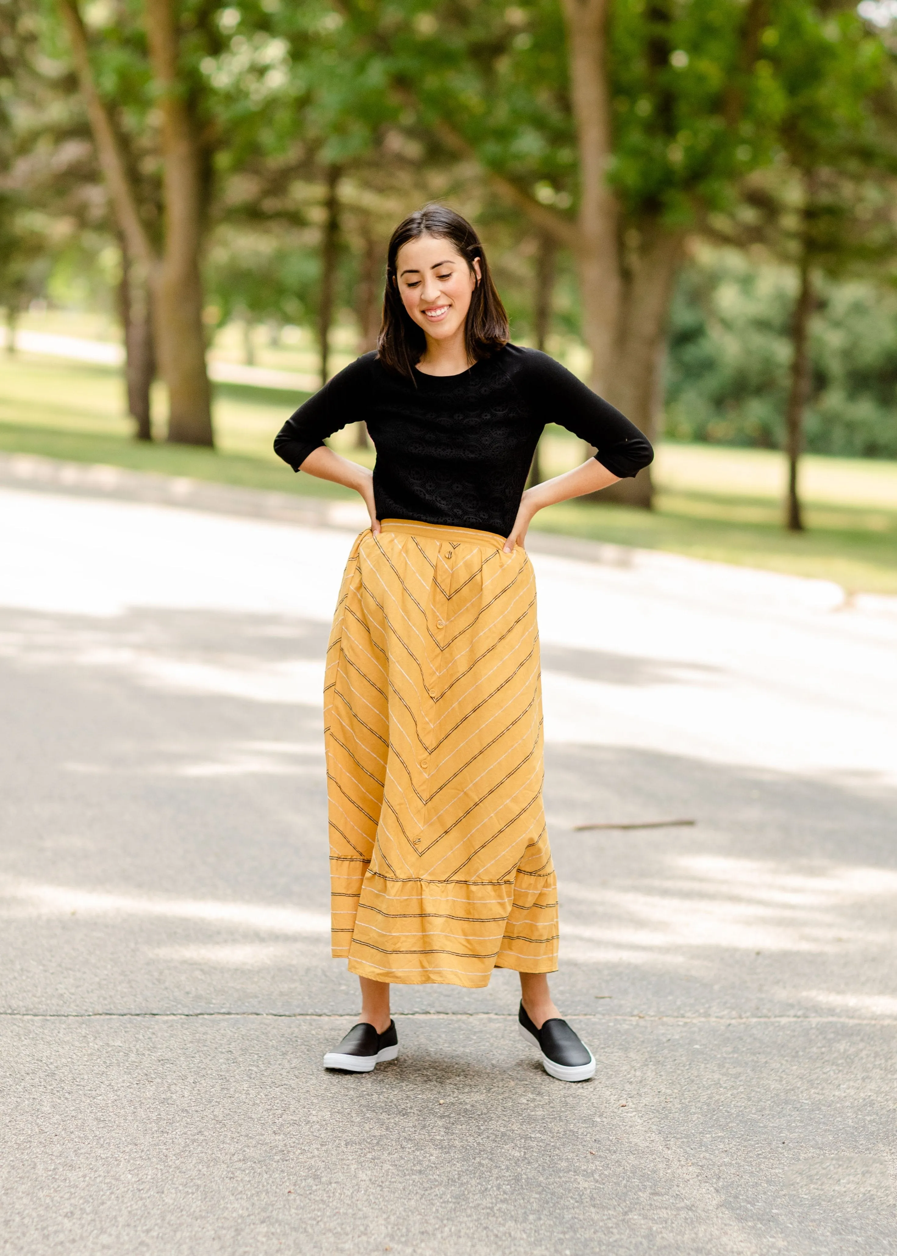 Mustard Striped Button Front Midi Skirt - Final Sale