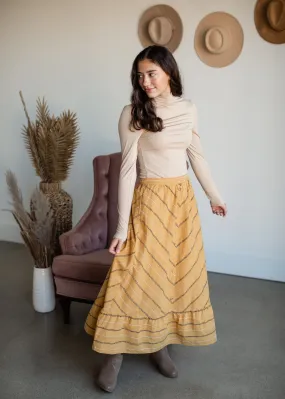 Mustard Striped Button Front Midi Skirt - Final Sale