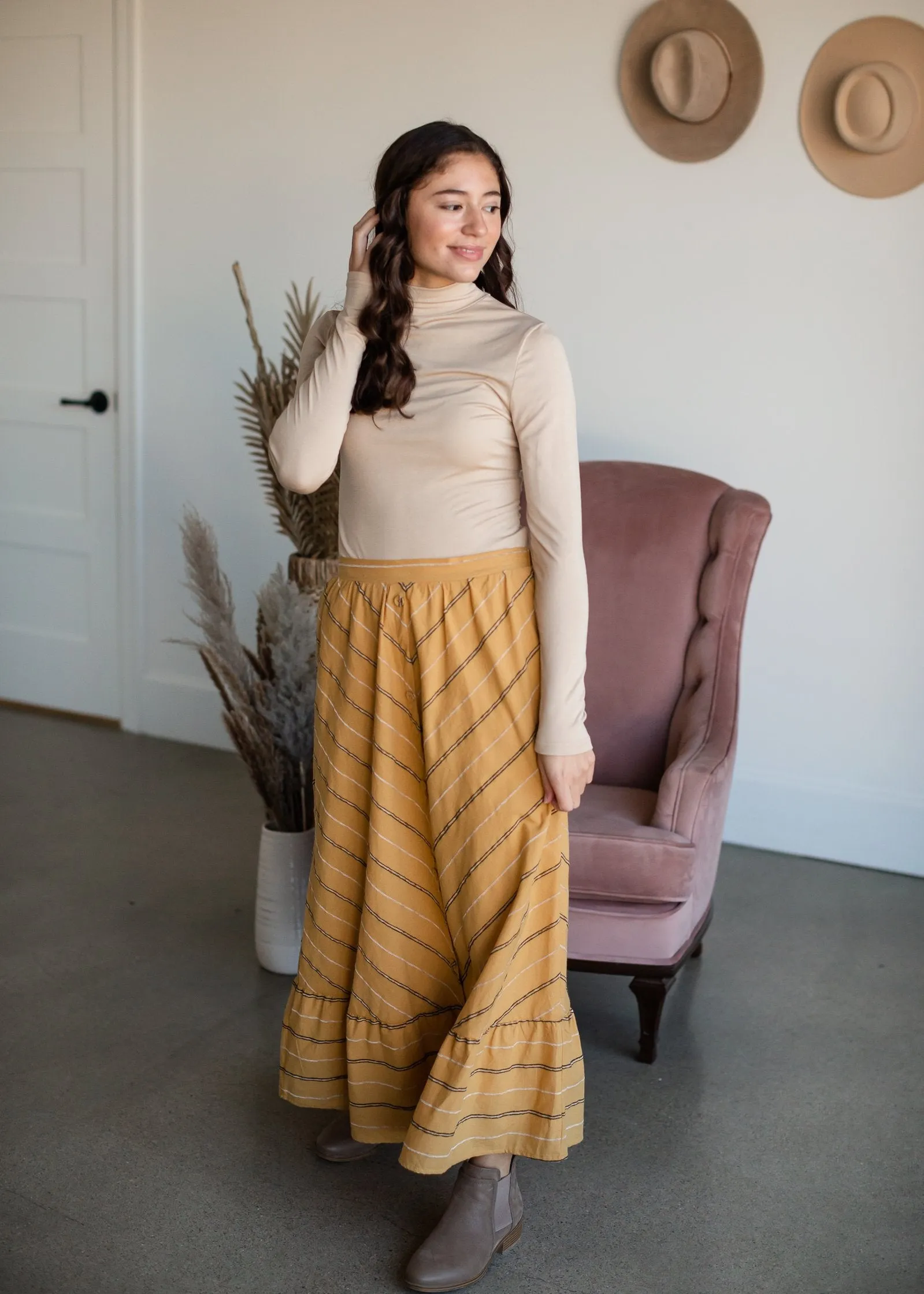 Mustard Striped Button Front Midi Skirt - Final Sale