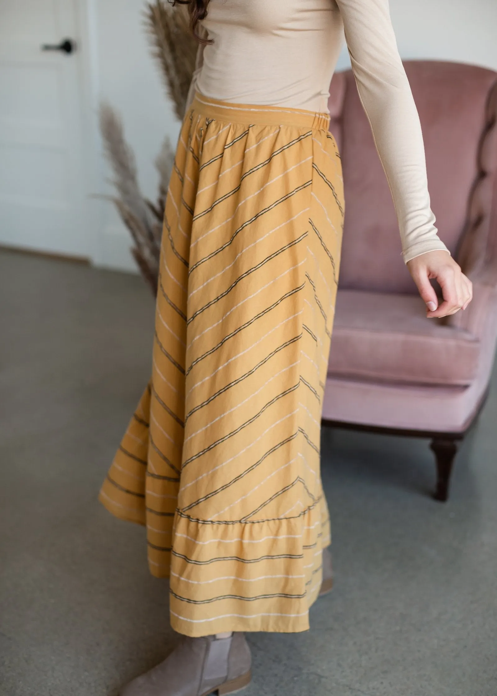 Mustard Striped Button Front Midi Skirt - Final Sale