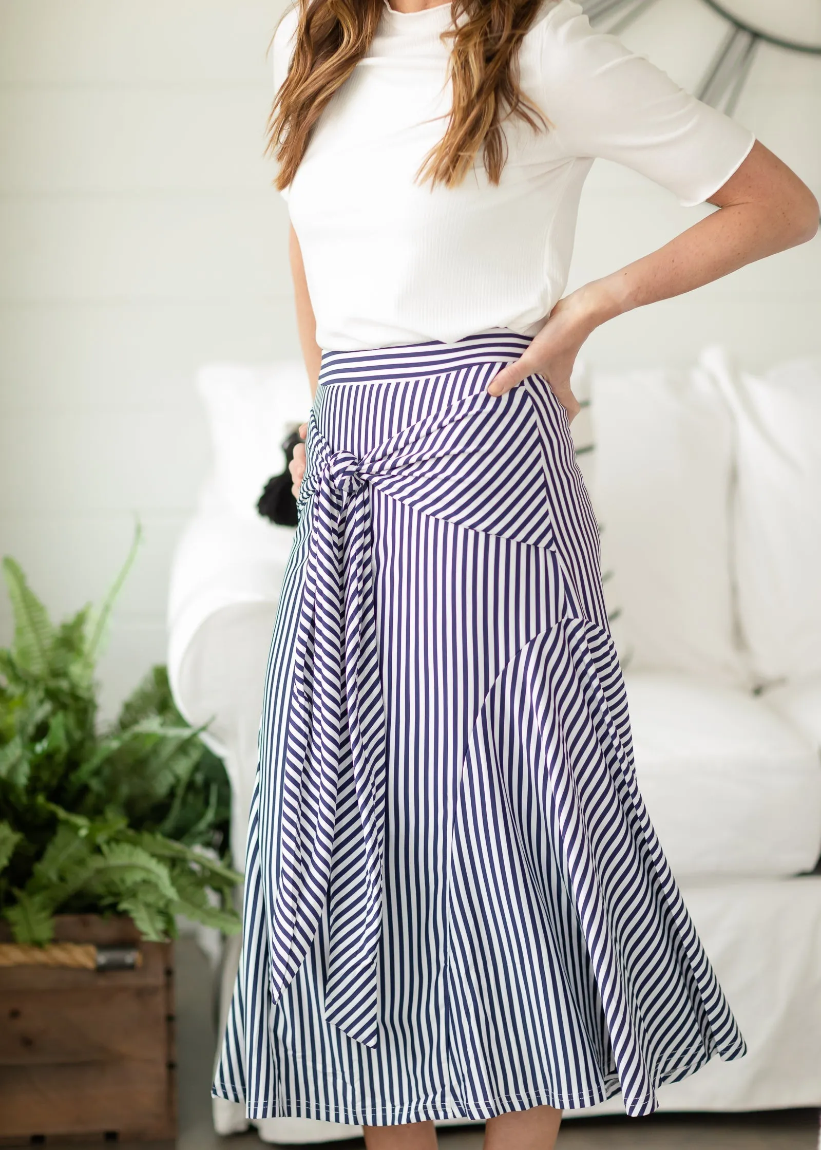 Navy Front Tie Stripe Midi Skirt - FINAL SALE